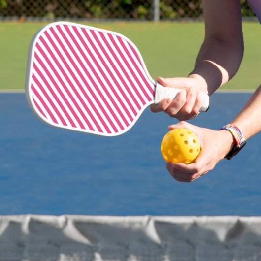Diagonal pink and white stripes pattern pickleball paddle (Insitu)
