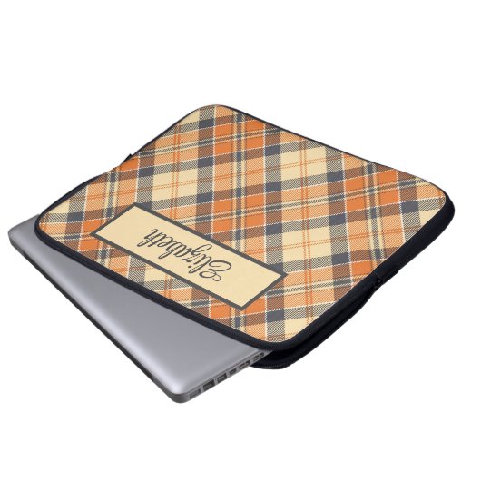 Diagonal Plaid - Sinaasappel, zwart perzik-geperso Laptop Sleeve (Voorkant onderkant)