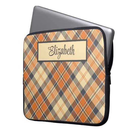 Diagonal Plaid - Sinaasappel, zwart perzik-geperso Laptop Sleeve (Voorkant Links)
