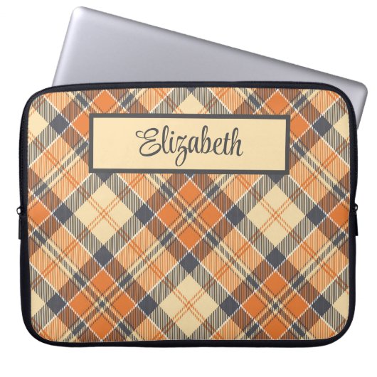 Diagonal Plaid - Sinaasappel, zwart perzik-geperso Laptop Sleeve (Voorkant)