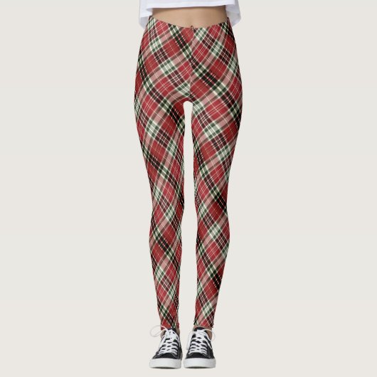 Diagonal Red Black Green Plaid Fabric Leggings (Voorkant)