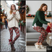 Diagonal Red Black Green Plaid Fabric Leggings