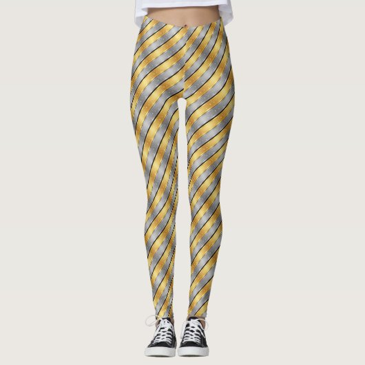Diagonal Stripe Gold Silver Metallic Glossy Leggings (Voorkant)