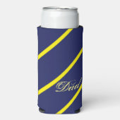 Diagonale blauwe en gele strepen met papiertekst seltzer blikjeskoeler (Seltzer Voorkant)