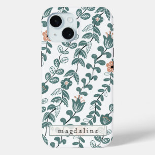 Diagonale Botanische Blauwgroen Naam Bloempatroon iPhone 15 Case