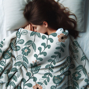 Diagonale Botanische Blauwgroen Naam Bloempatroon Fleece Deken