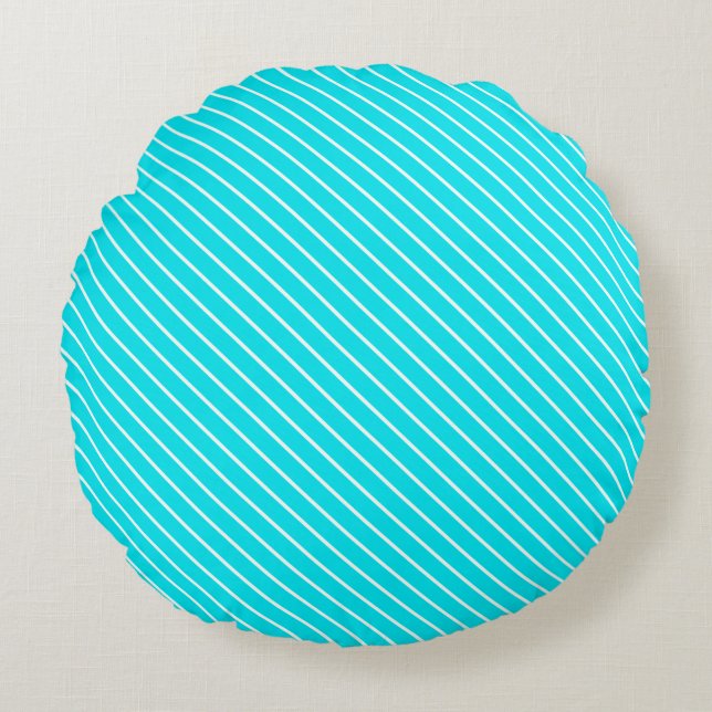 Diagonale instripes - turkooizen en wit rond kussen (Voorkant)
