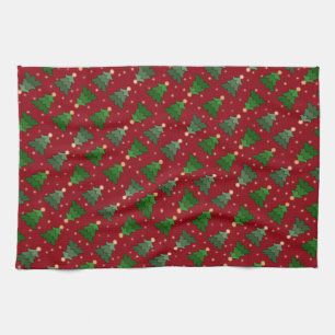 Diagonale Kerstbomen met Sterren op Custom Red Theedoek