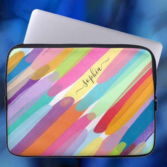Diagonale kleurlijnen, naam, Abstract schilderij Laptop Sleeve (Creator heeft geüpload)