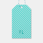 Diagonale neon blauw met witte strepen initialen cadeaulabel (Voorkant)