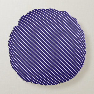 Diagonale strepen - marineblauw en wit rond kussen