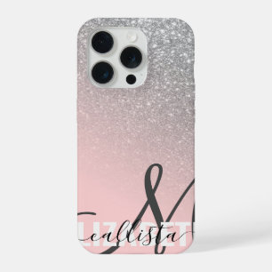 Diagonale Zilveren Blush Roze Ombre Gradiënt Monog iPhone 15 Pro Case