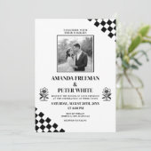 Diagonale zwarte bloem vet checkers bruiloft kaart (Staand voorkant)
