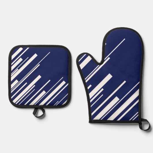 Diagonalen - Blauw en wit Ovenwant & Pannenlap Set (Voorkant)