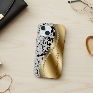 Diamant Bling Gouden Metaal Persoonlijk Schrift iPhone 15 Case