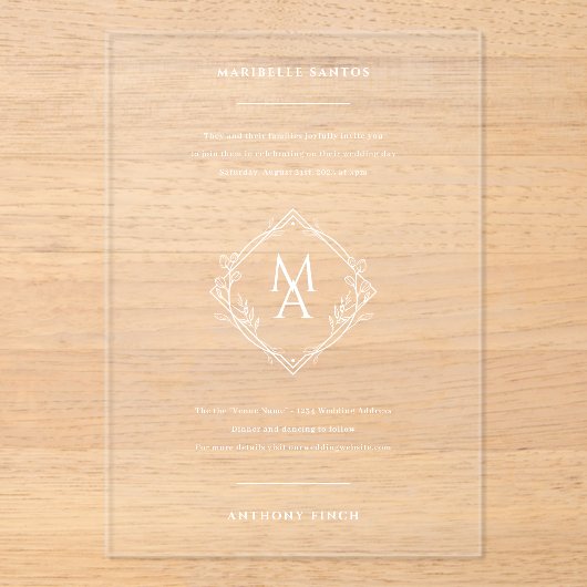 Diamant Bloemen Monogram Huwelijk Acryl Uitnodigingen (Voorkant)