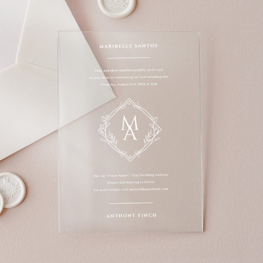 Diamant Bloemig Monogram Trouw Acryl Uitnodigingen