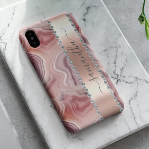 Diamant Calligrafie Naam Roze Goud Agaat iPhone 14 Hoesje