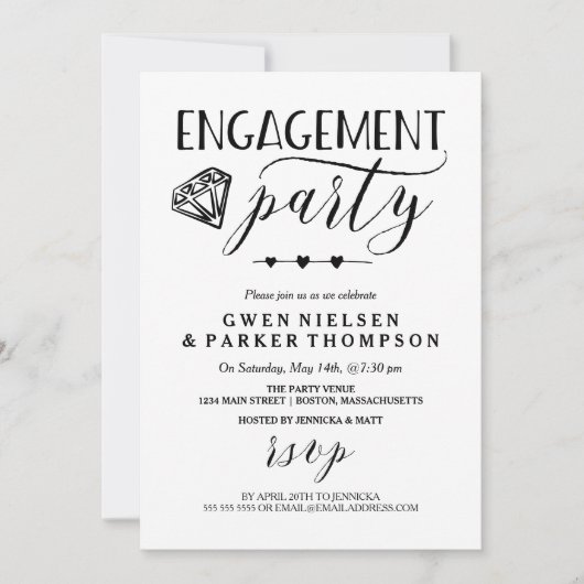 Diamant en harten | Zwart-wit verlovingsfeest Kaart (Voorkant)