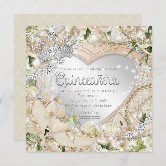 Diamant en Parel Witte Roos Quinceanera Kaart (Voorkant / Achterkant)