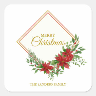 Diamant en Poinsettia's in Goud en Rode Kerst Vierkante Sticker