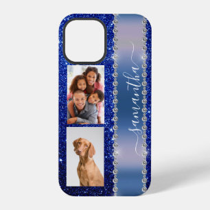 Diamant Foto Glitter Calligrafie Naam Navy Blauwe iPhone 12 Pro Hoesje