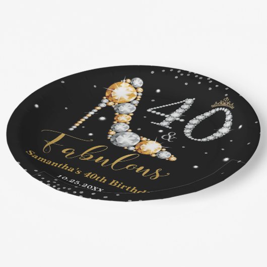 Diamant Glitter Veertig en Fabulous 40ste verjaard Papieren Bordje (Gekanteld)