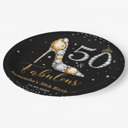Diamant Glitter Vijftig en Fabulous 50ste Verjaard Papieren Bordje (Gekanteld)
