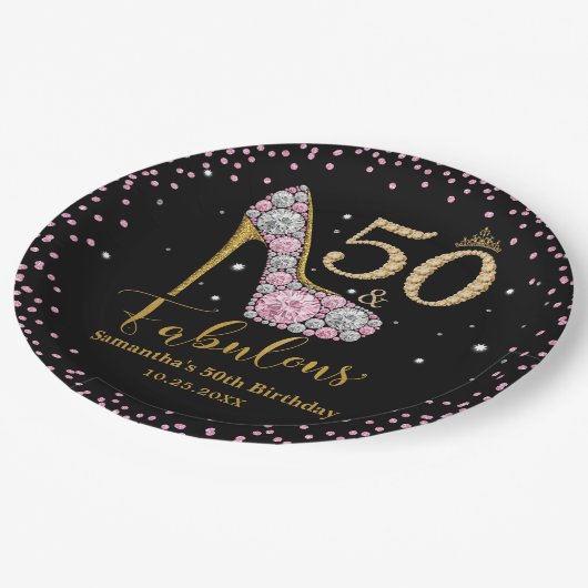 Diamant Glitter Vijftig en Fabulous 50ste Verjaard Papieren Bordje (Gekanteld)