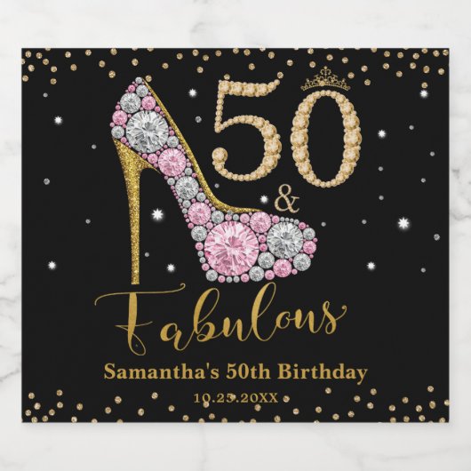 Diamant Glitter Vijftig en Fabulous 50ste Verjaard Sparkling Wijnetiket (Enkel label)