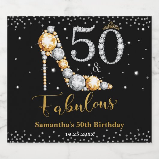 Diamant Glitter Vijftig en Fabulous 50ste Verjaard Sparkling Wijnetiket (Enkel label)