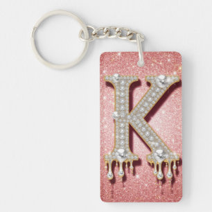 Diamant Gouden Initiële Letter K Roze Cadeau Voor  Sleutelhanger