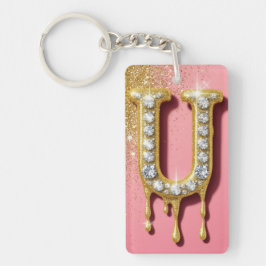 Diamant Gouden Initiële Letter U Roze Cadeau Voor  Sleutelhanger