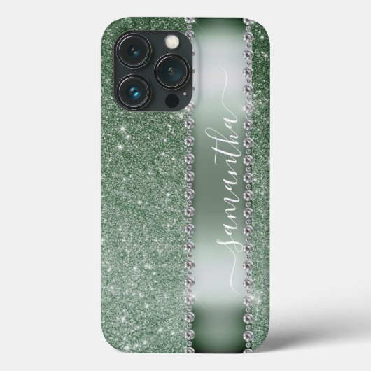 Diamant groene glitterscriptie monogram naam Case-Mate iPhone case (Achterkant)