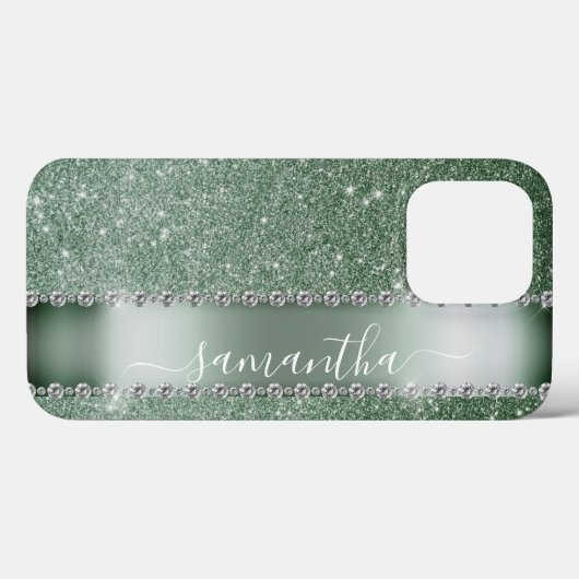 Diamant groene glitterscriptie monogram naam Case-Mate iPhone case (Achterkant (horizontaal))
