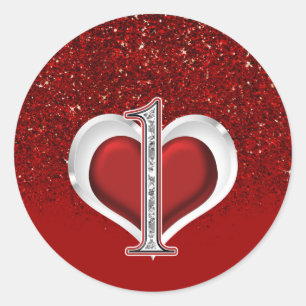 Diamant Hart Rood Glitter Glans 1e Verjaardag EEN Ronde Sticker