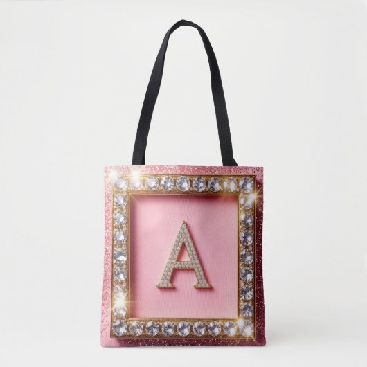 Diamant Initiaal A Gouden Frame Roze Glitter Monog Tote Bag (Voorkant)