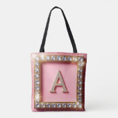 Diamant Initiaal A Gouden Frame Roze Glitter Monog Tote Bag (Achterkant)