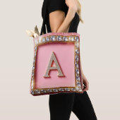 Diamant Initiaal A Gouden Frame Roze Glitter Monog Tote Bag (Dichtbij)