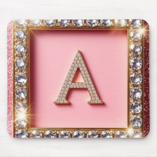 Diamant Initiaal A Gouden Frame Roze Glitters Mono Muismat (Voorkant)