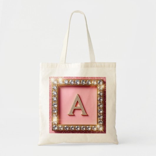 Diamant Initiaal A Gouden Frame Roze Glitters Mono Tote Bag (Voorkant)