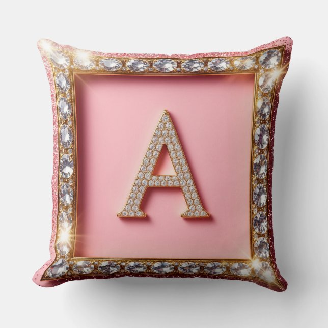 Diamant Initiaal A Roze Glitter Monogram Kussen (Voorkant)