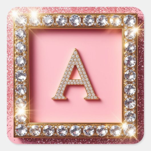 Diamant Initiaal A Roze Glitter Monogram Vierkante Sticker (Voorkant)
