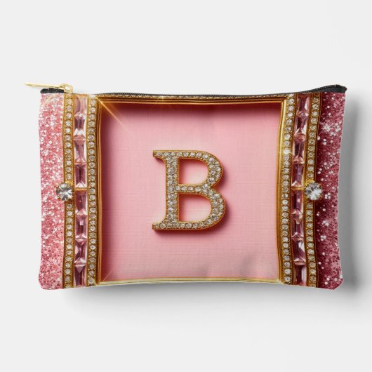 Diamant Initiaal B Roze Glitter Gouden Frame Monog Etui (Voorkant)