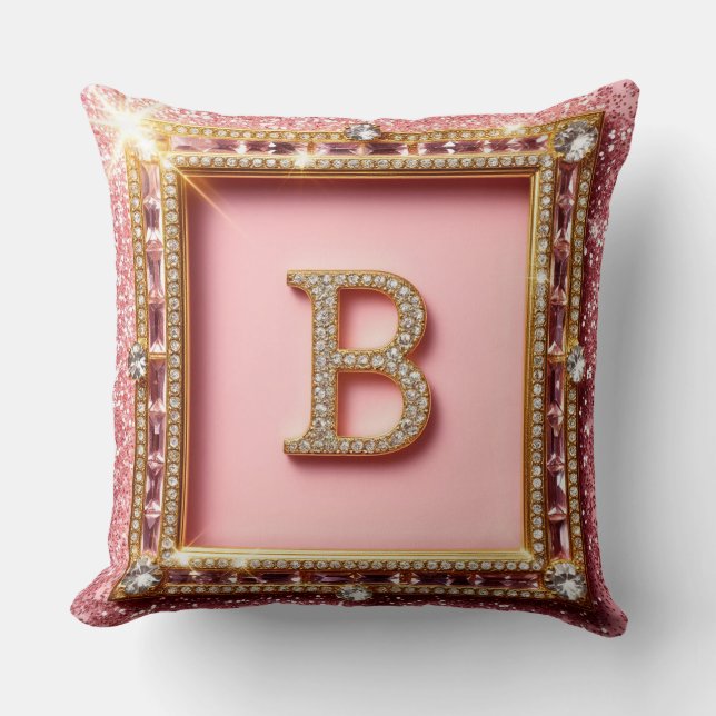 Diamant Initiaal B Roze Glitter Gouden Frame Monog Kussen (Voorkant)