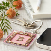 Diamant Initiaal B Roze Glitter Gouden Frame Monog Sleutelhanger (Voorkant Rechts)