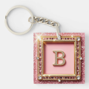 Diamant Initiaal B Roze Glitter Gouden Frame Monog Sleutelhanger