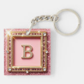 Diamant Initiaal B Roze Glitter Gouden Frame Monog Sleutelhanger (Achterkant)