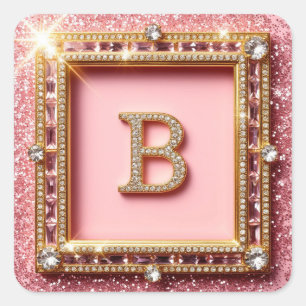 Diamant Initiaal B Roze Glitter Gouden Frame Monog Vierkante Sticker