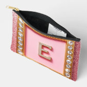 Diamant Initiaal E Gouden Frame Roze Glitters Mono Etui (Open)